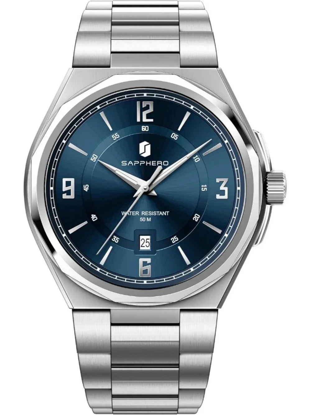 Men's Silver/Blue Numeral Dial Stainless Steel Strap Analog Quartz Wrist Watch